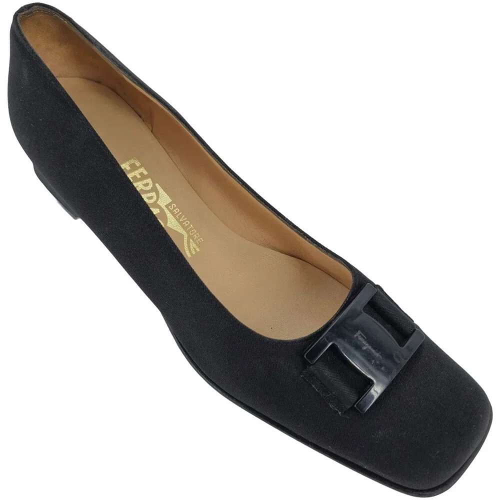 Salvatore Ferragamo Italy Black Fabric Formal Dress Shoes Women 8AA Buckle Pumps - Picture 10 of 11